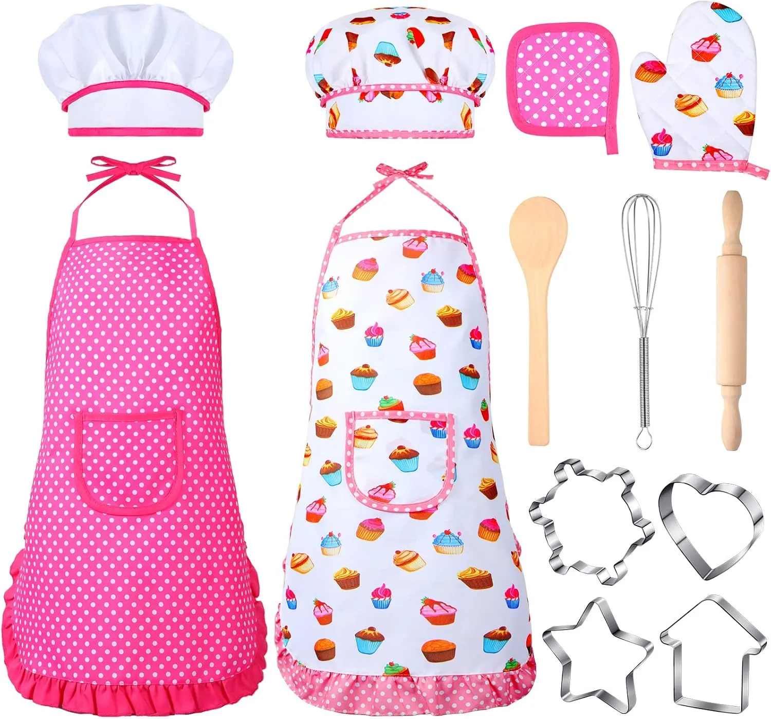 Cunhill Kids Cooking and Baking Set Baking Kit Apron Dress up Chef Costume Kids Aprons for Girls Toddler Chef Hat for Little Girls 2 to 6 Year Old