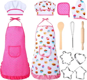 Cunhill Kids Cooking and Baking Set Baking Kit Apron Dress up Chef Costume Kids Aprons for Girls Toddler Chef Hat for Little Girls 2 to 6 Year Old
