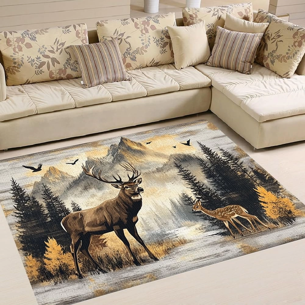 Custom Deer Hunting Rug, Wildlife Moutain Forest Deers Runner Rug, Camo Carpet Area Rug Ultra Soft for Boys Room Decor Living Room Farmhouse Mat for Entryway Indoor Outdoor (DEER-DS03)