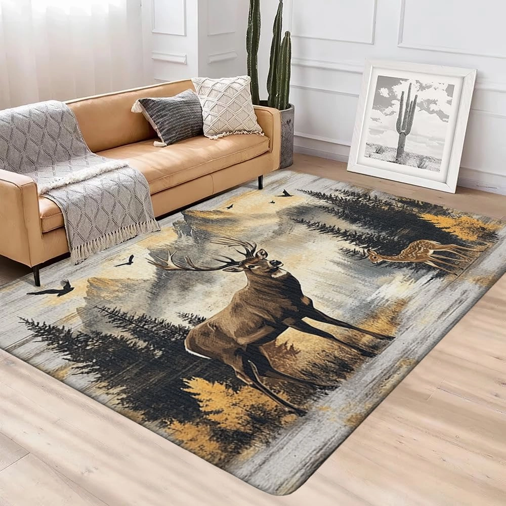 Custom Deer Hunting Rug, Wildlife Moutain Forest Deers Runner Rug, Camo Carpet Area Rug Ultra Soft for Boys Room Decor Living Room Farmhouse Mat for Entryway Indoor Outdoor (DEER-DS03)