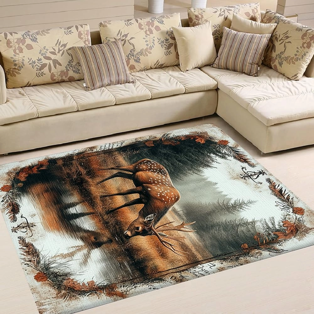 Custom Deer Hunting Rug, Wildlife Moutain Forest Deers Runner Rug, Camo Carpet Area Rug Ultra Soft for Boys Room Decor Living Room Farmhouse Mat for Entryway Indoor Outdoor (DEER-DS05)