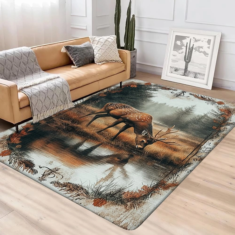 Custom Deer Hunting Rug, Wildlife Moutain Forest Deers Runner Rug, Camo Carpet Area Rug Ultra Soft for Boys Room Decor Living Room Farmhouse Mat for Entryway Indoor Outdoor (DEER-DS05)