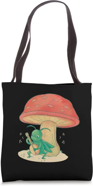Cute Cottagecore Grasshopper Playing Banjo on Mushroom Tote Bag