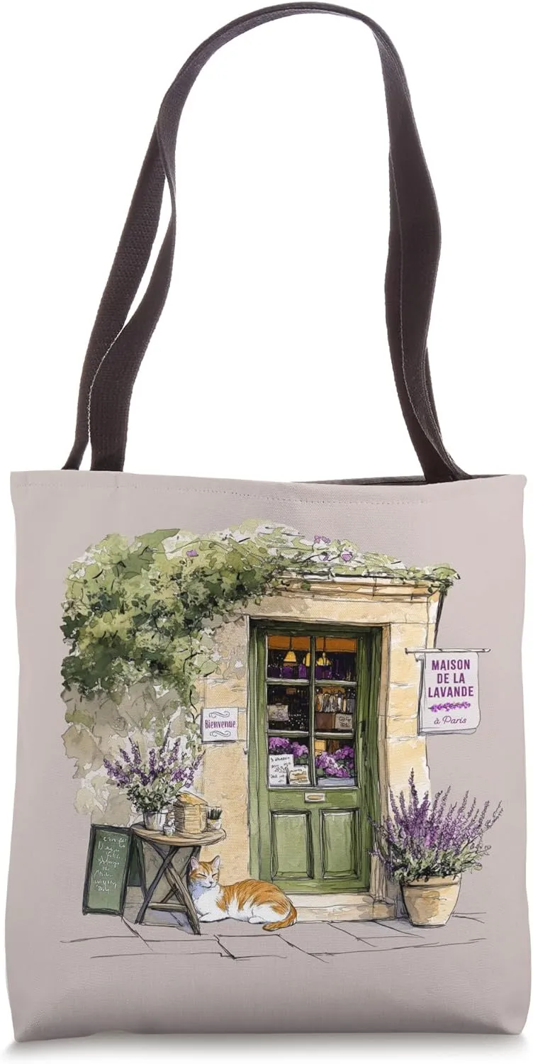 Cute French Lavender Shop Paris France Parisian Line Drawing Tote Bag