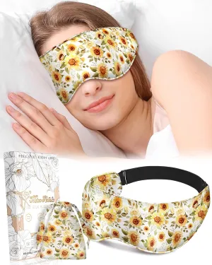 Cute Silk Weighted Eye Mask - Sleep Mask for Women Wife Mom for Sleeping Heat and Cold Lavender Mulberry Silk Eye Mask for Dry Eyes Ajustable with Drawstring Bag, Sunflower