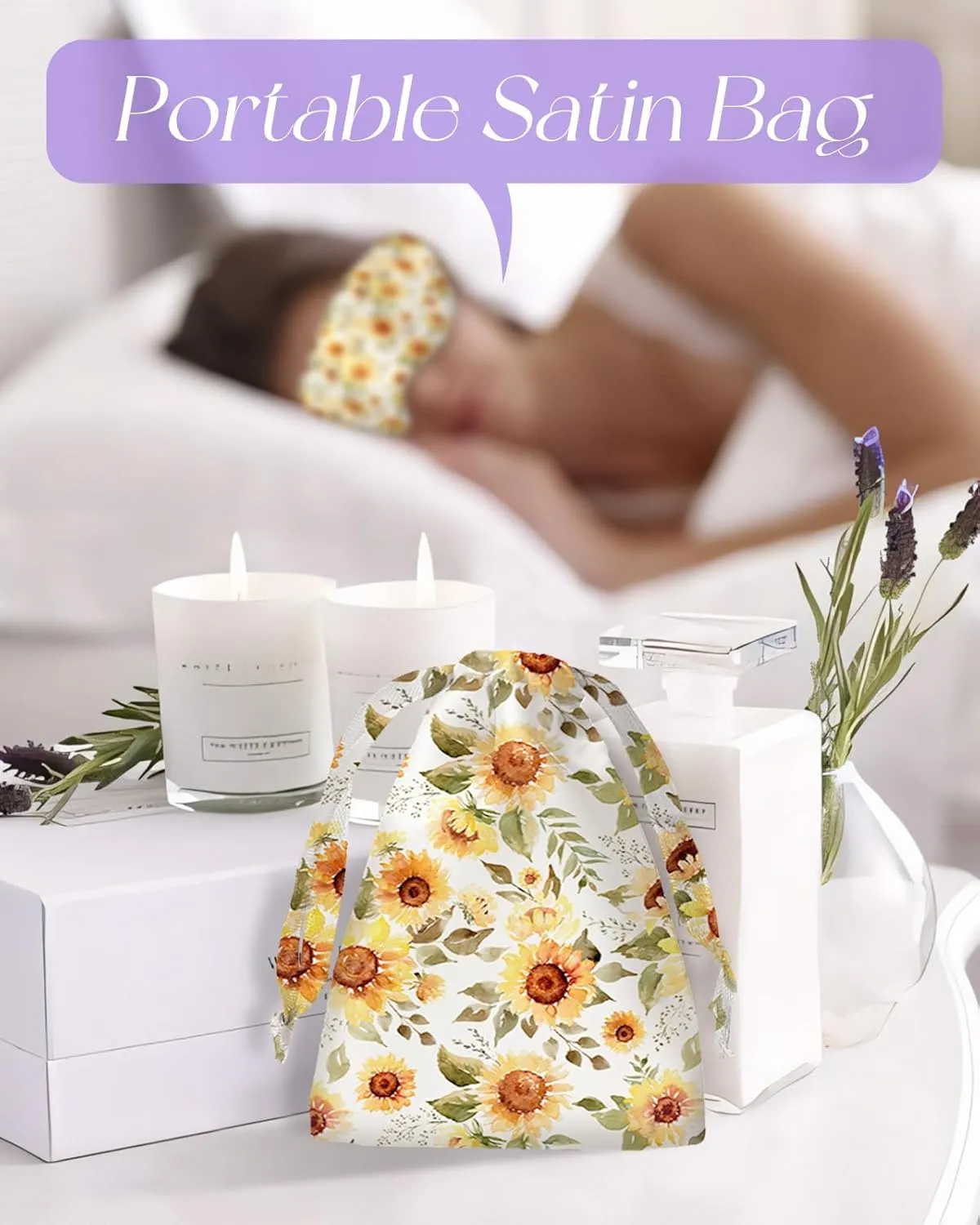 Cute Silk Weighted Eye Mask - Sleep Mask for Women Wife Mom for Sleeping Heat and Cold Lavender Mulberry Silk Eye Mask for Dry Eyes Ajustable with Drawstring Bag, Sunflower