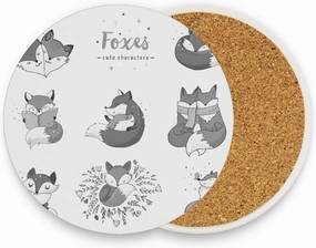 Cute Foxes Different Actions Seamless Black White Pattern 2 PCs Ceramic Mug Coaster for Drinks, Stone Coasters Holder with Cork Base, Oversize Cup Mat Pad for All Mugs, Housewarming Gift