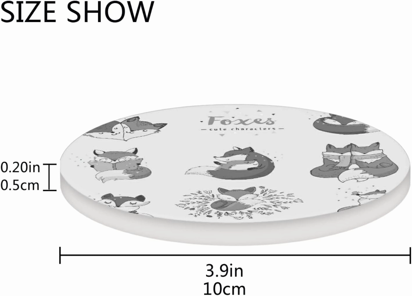 Cute Foxes Different Actions Seamless Black White Pattern 2 PCs Ceramic Mug Coaster for Drinks, Stone Coasters Holder with Cork Base, Oversize Cup Mat Pad for All Mugs, Housewarming Gift