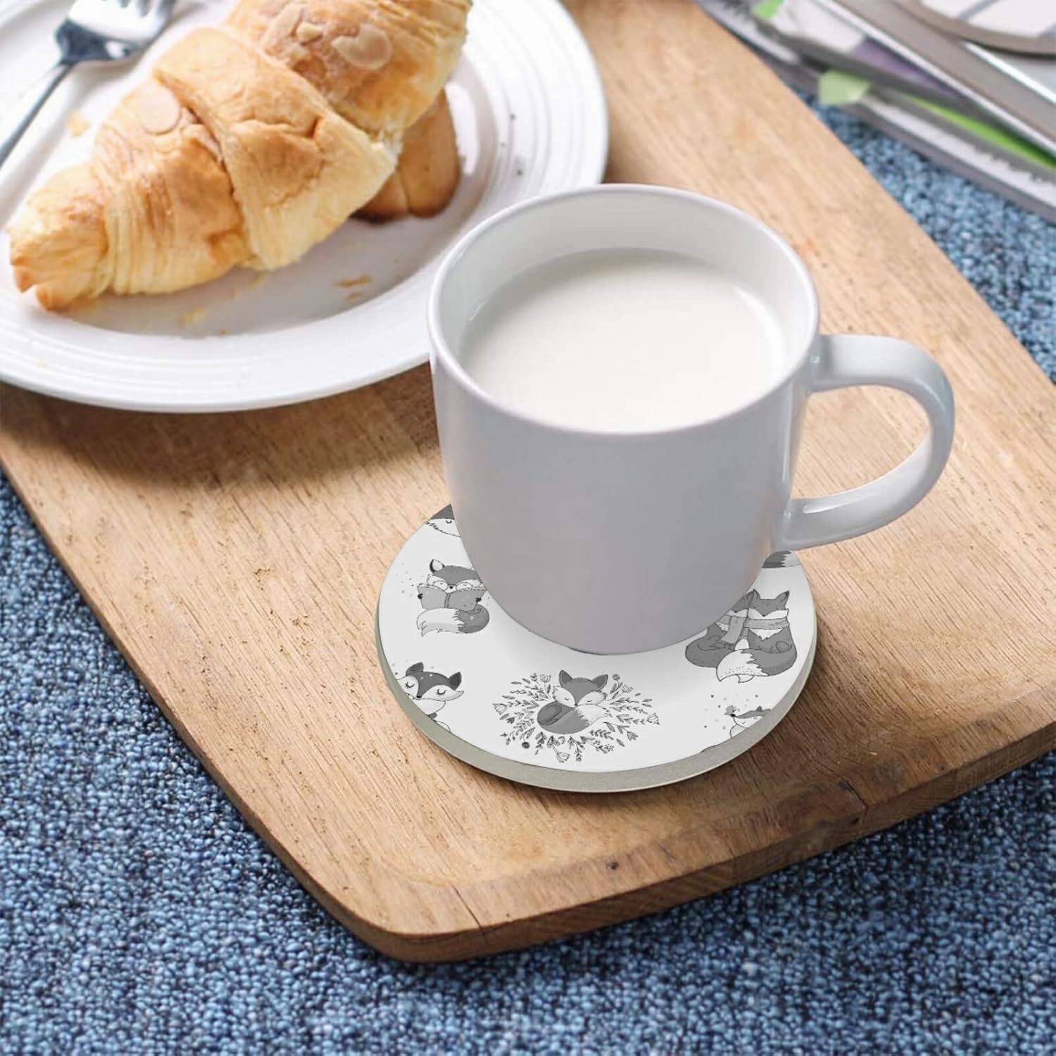 Cute Foxes Different Actions Seamless Black White Pattern 2 PCs Ceramic Mug Coaster for Drinks, Stone Coasters Holder with Cork Base, Oversize Cup Mat Pad for All Mugs, Housewarming Gift