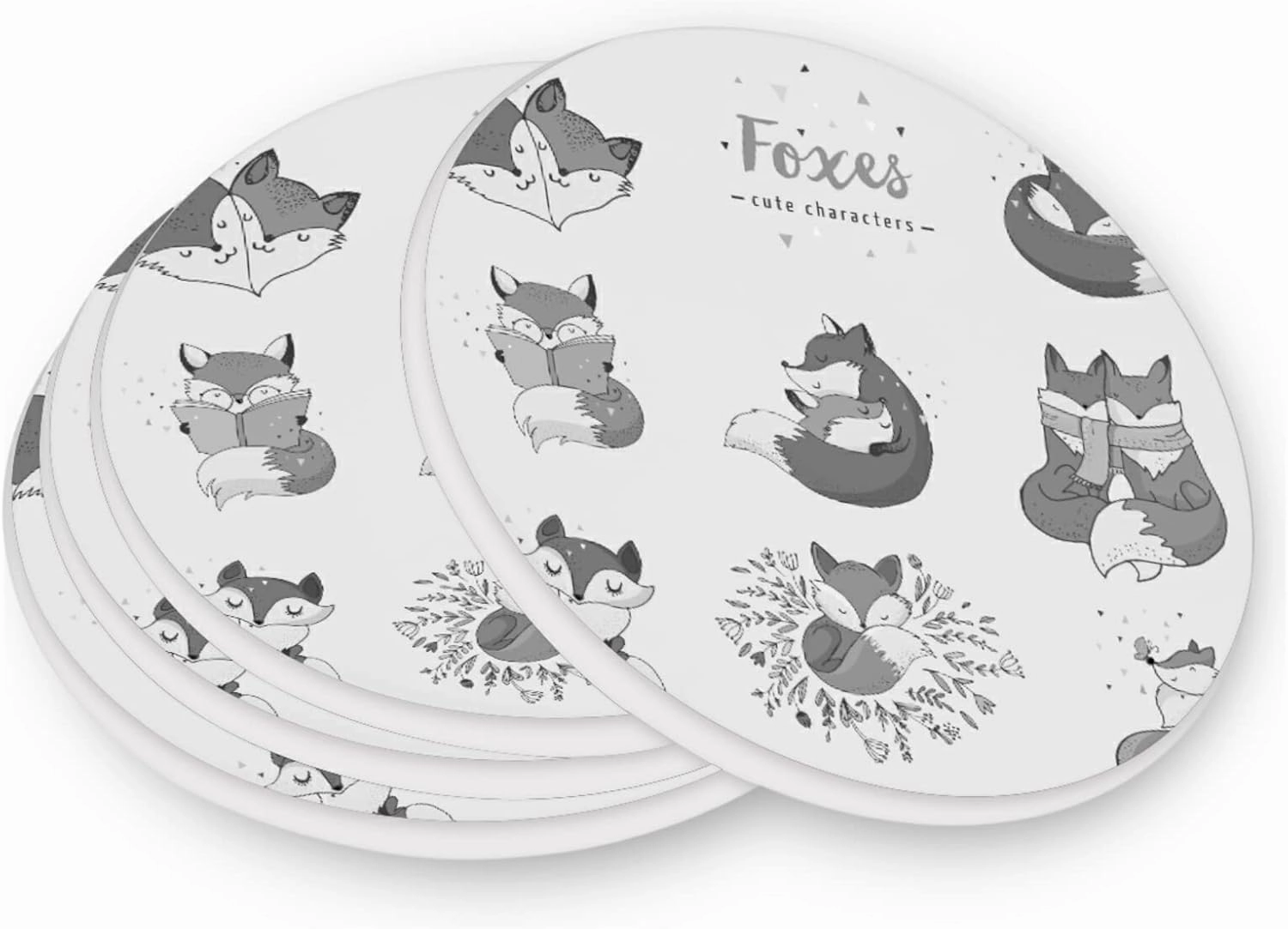 Cute Foxes Different Actions Seamless Black White Pattern 2 PCs Ceramic Mug Coaster for Drinks, Stone Coasters Holder with Cork Base, Oversize Cup Mat Pad for All Mugs, Housewarming Gift