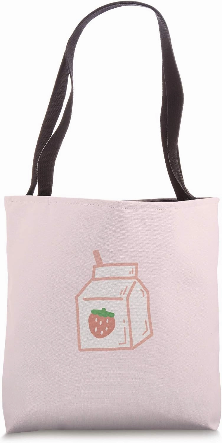 Cute Pink Strawberry Milk Carton Minimal Kawaii Aesthetic Tote Bag