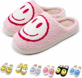 Cute Smile Face Slippers, Fuupnn Retro Soft Plush Furry Fluffy Indoor Outdoor Shoes Comfy Warm Fleece Lined Fuzzy Slip-on Cloud sliders with Memory Foam Happy Face Slippers Couples Cute Cartoon Non Slip Smile Slippers for Winter