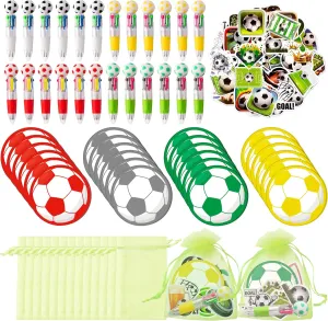 CY2SIDE Soccer Stationery Party Gift - 12 Pack Football Prizes Set Include 4-in-1 Ballpoint Pen Sticky Note Sticker and Organza for boy, Summer sport Party Favor Goodie Bag Fillers for School Rewards