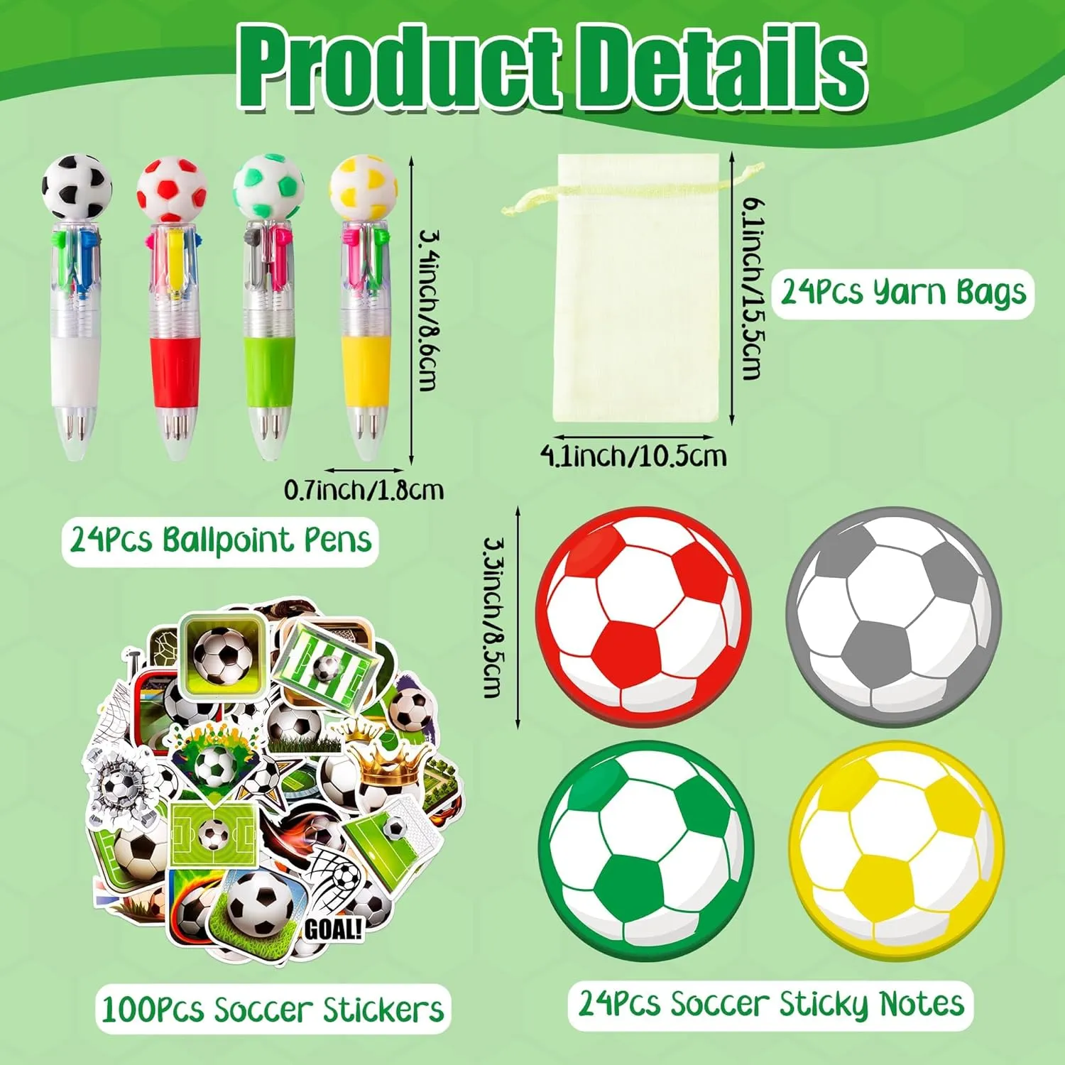 CY2SIDE Soccer Stationery Party Gift - 12 Pack Football Prizes Set Include 4-in-1 Ballpoint Pen Sticky Note Sticker and Organza for boy, Summer sport Party Favor Goodie Bag Fillers for School Rewards