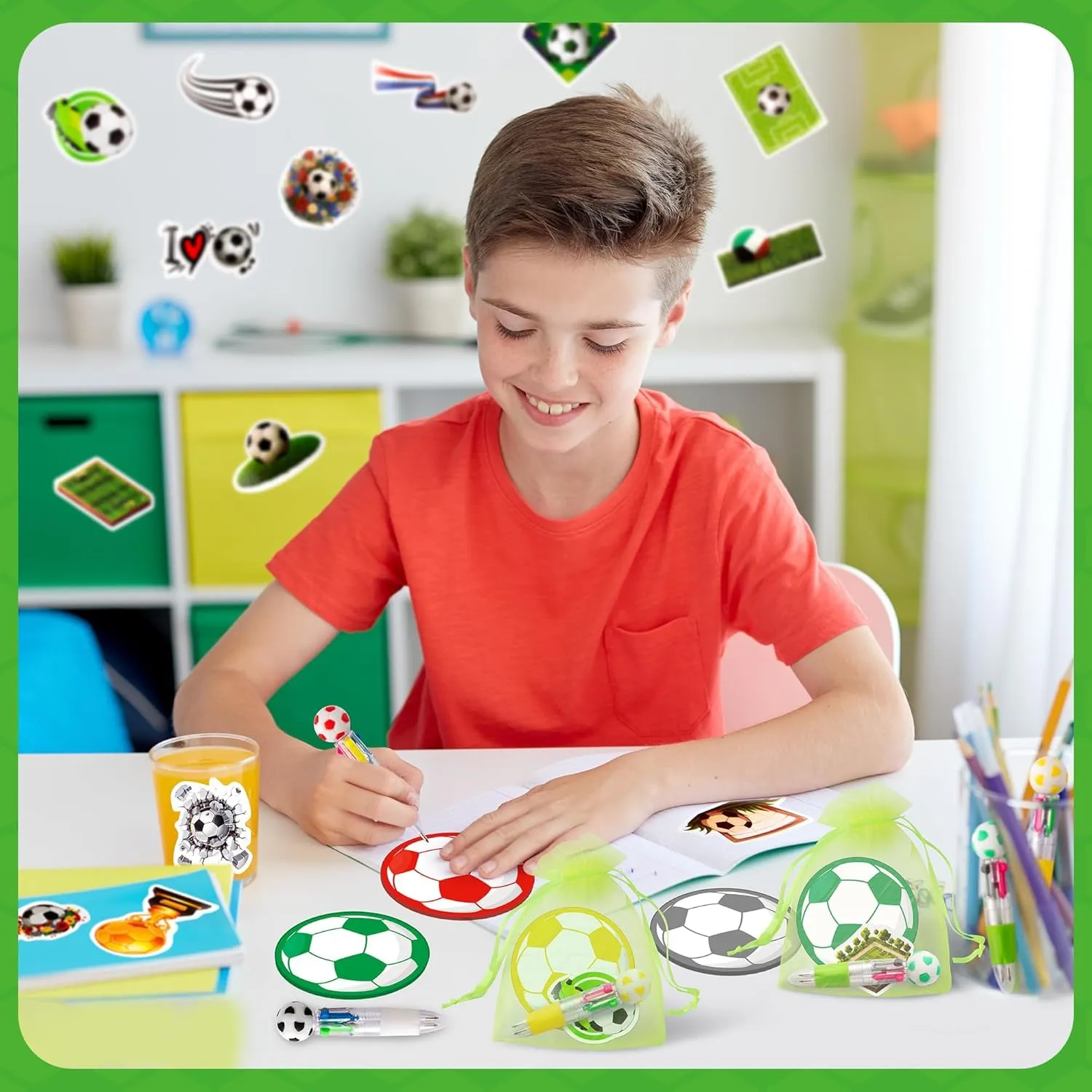 CY2SIDE Soccer Stationery Party Gift - 12 Pack Football Prizes Set Include 4-in-1 Ballpoint Pen Sticky Note Sticker and Organza for boy, Summer sport Party Favor Goodie Bag Fillers for School Rewards