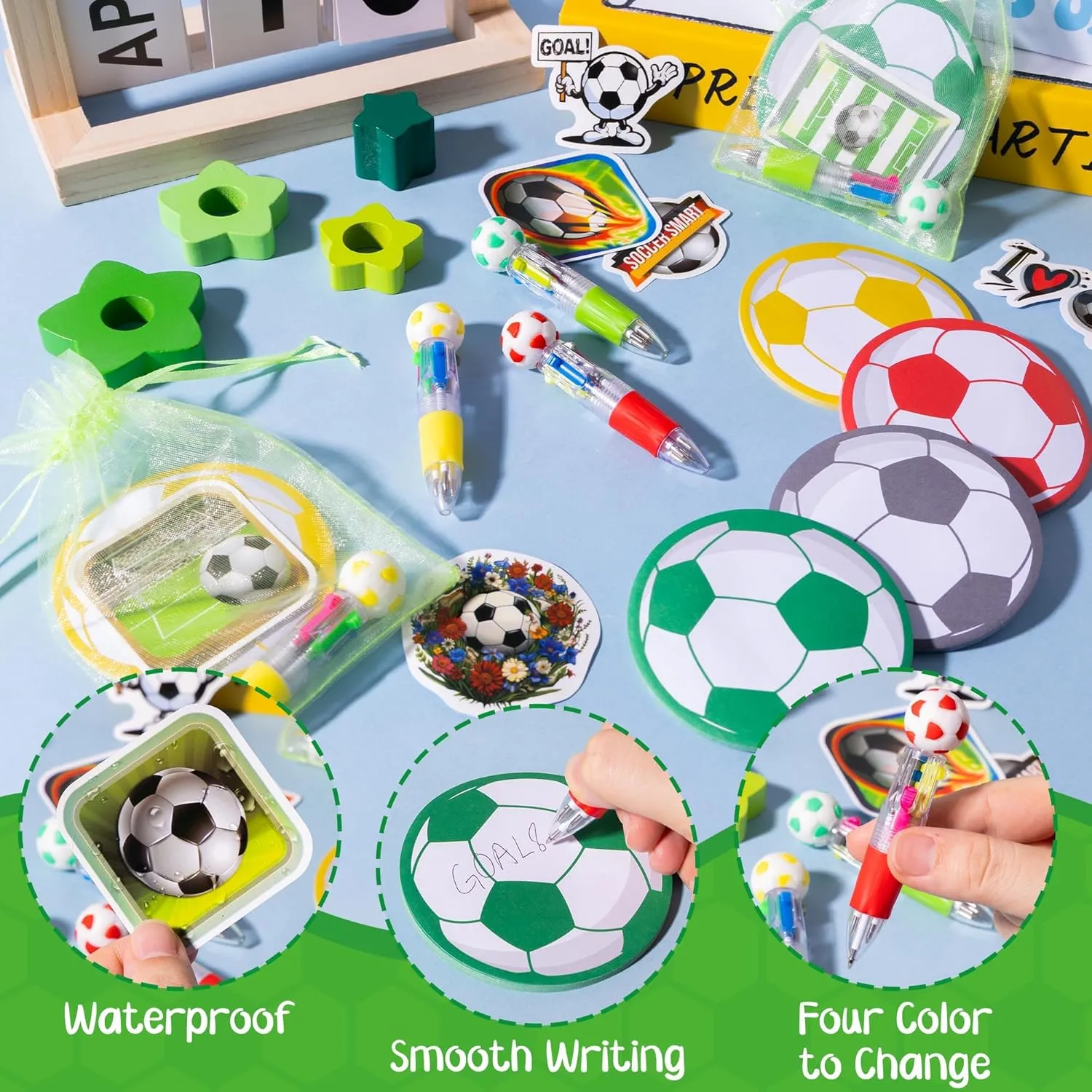 CY2SIDE Soccer Stationery Party Gift - 12 Pack Football Prizes Set Include 4-in-1 Ballpoint Pen Sticky Note Sticker and Organza for boy, Summer sport Party Favor Goodie Bag Fillers for School Rewards