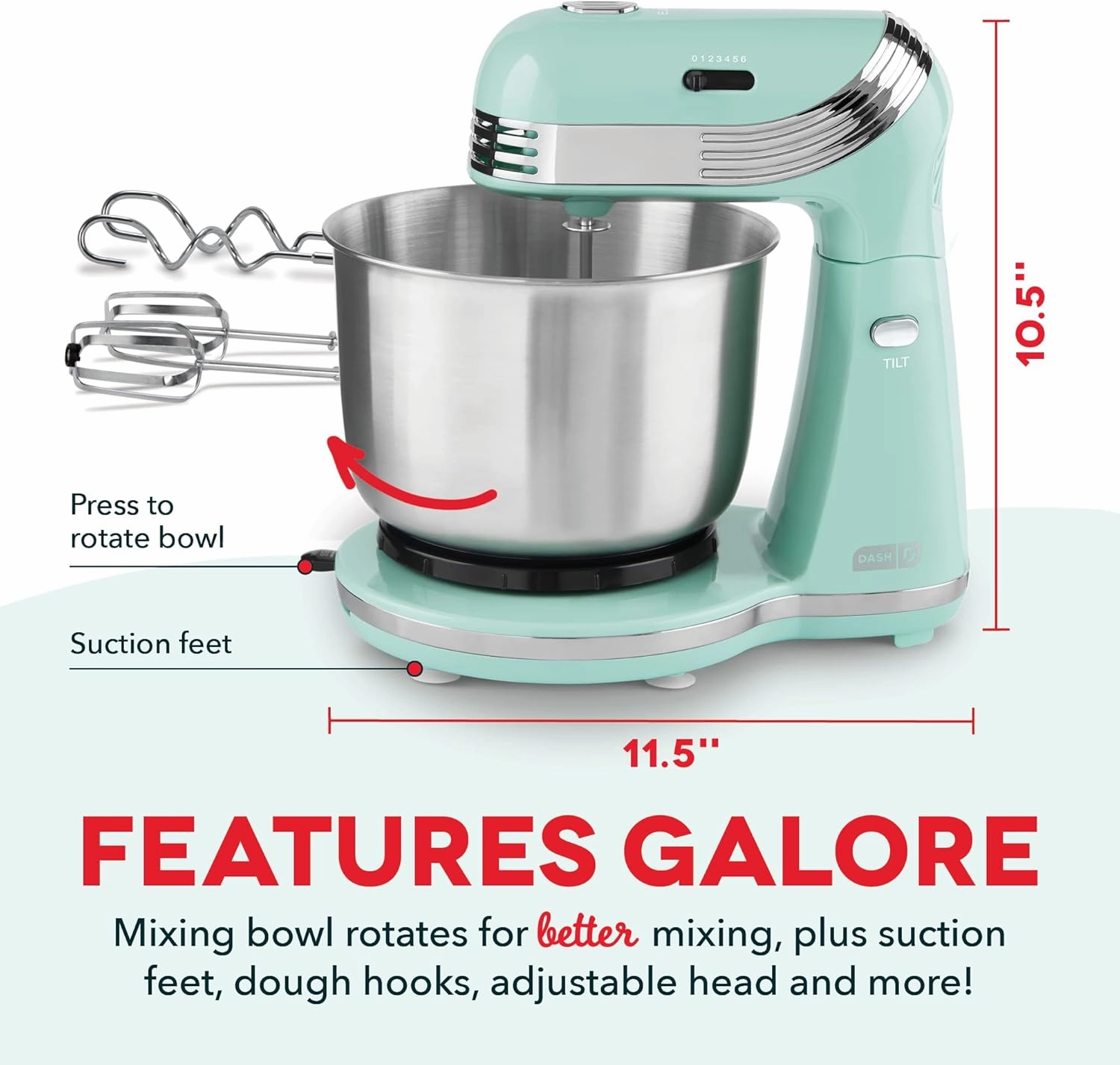 Dash Stand Mixer (Electric Mixer for Everyday Use): 6 Speed Stand Mixer with 3 Quart Stainless Steel Mixing Bowl, Dough Hooks & Mixer Beaters for Dressings, Frosting, Meringues & More - Aqua