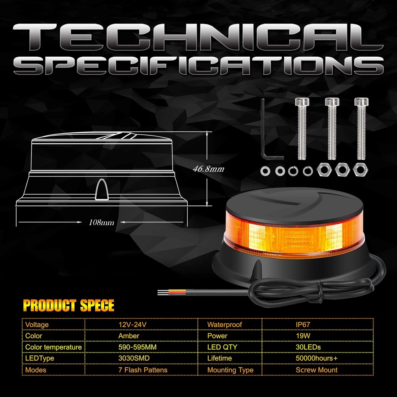 DAYSEN LED Amber Beacon Strobe Light, 4.2" Flashing Emergency Lights, Permanent Mount 360°Rotating Rooftop Safety Warning Light for Trucks Tractors Golf Carts UTV & ATV Car(Screw)