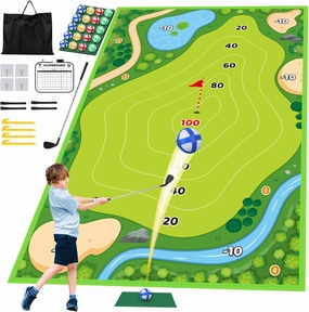 deAO 39"x59" Golf Chipping Mat Set - Portable Golf Practice Mat with 2 Clubs & 20 Balls, Non-Slip Base for Indoor/Outdoor Backyard Training, Kids & Adults Golf Hitting Game Toy