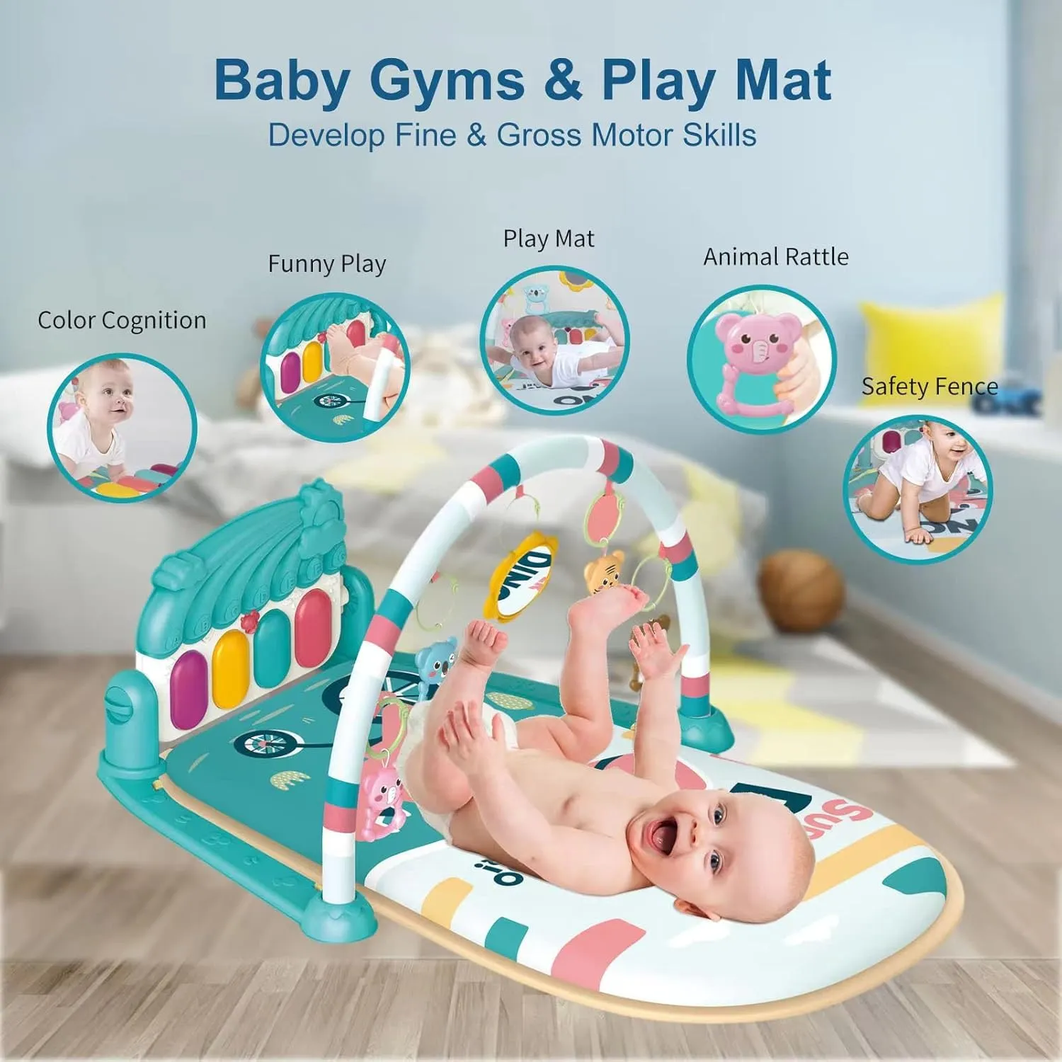 Dearlomum Baby Play Mat & Gym, Piano Tummy Time Activity Mat with 5 Sensory Toys, Music & Lights - Boy & Girl Gifts for Newborn to 12 Months (Blue)