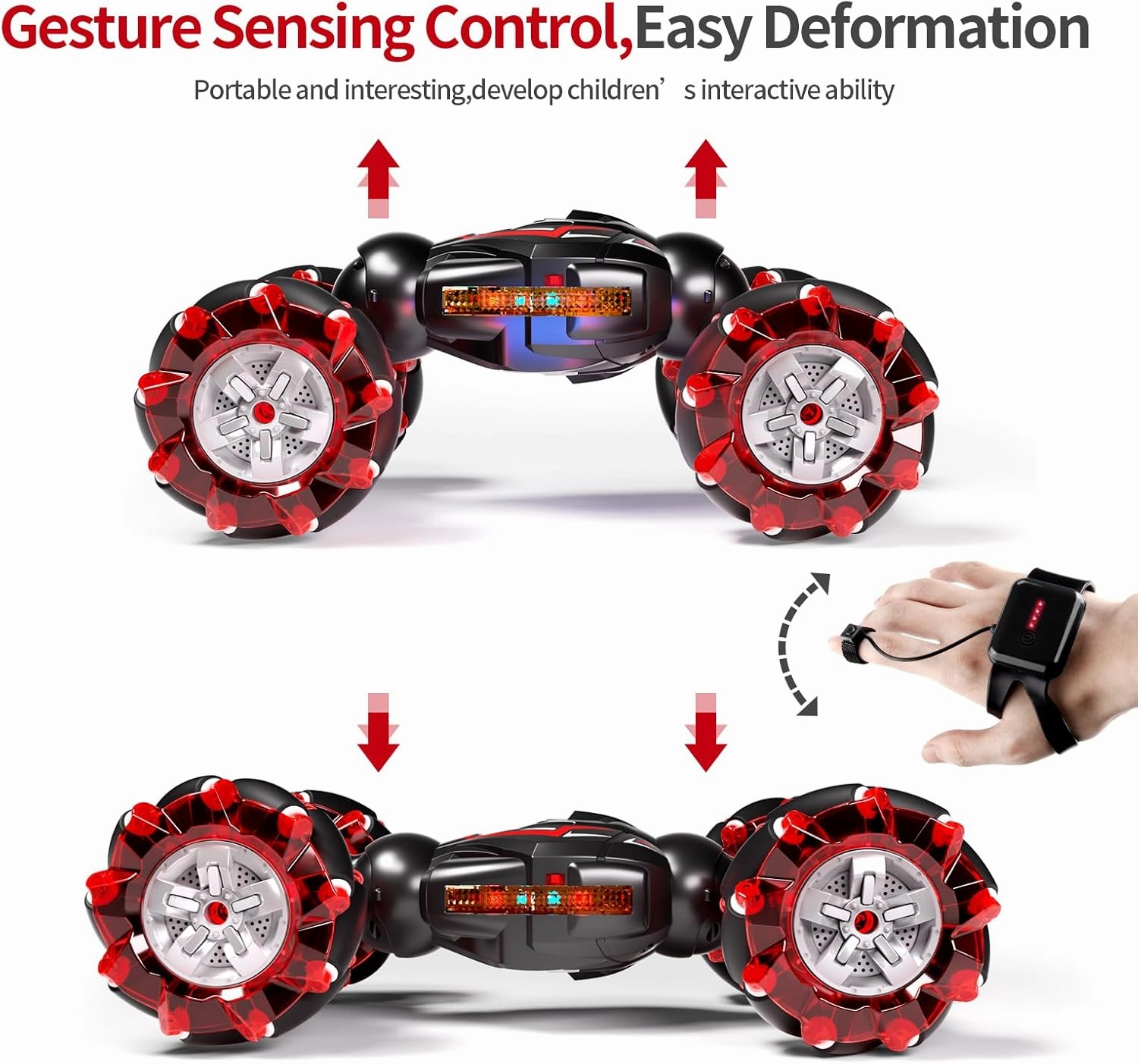 Deejoy 1:12 Red RC Stunt Car, 2.4GHz 4WD Remote Control Gesture Sensor Toy, Double Sided Rotating Off Road Vehicle 360° Flips with Lights Music, Cars for Boys & Girls Birthday
