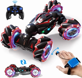 Deejoy 1:12 Red RC Stunt Car, 2.4GHz 4WD Remote Control Gesture Sensor Toy, Double Sided Rotating Off Road Vehicle 360° Flips with Lights Music, Cars for Boys & Girls Birthday