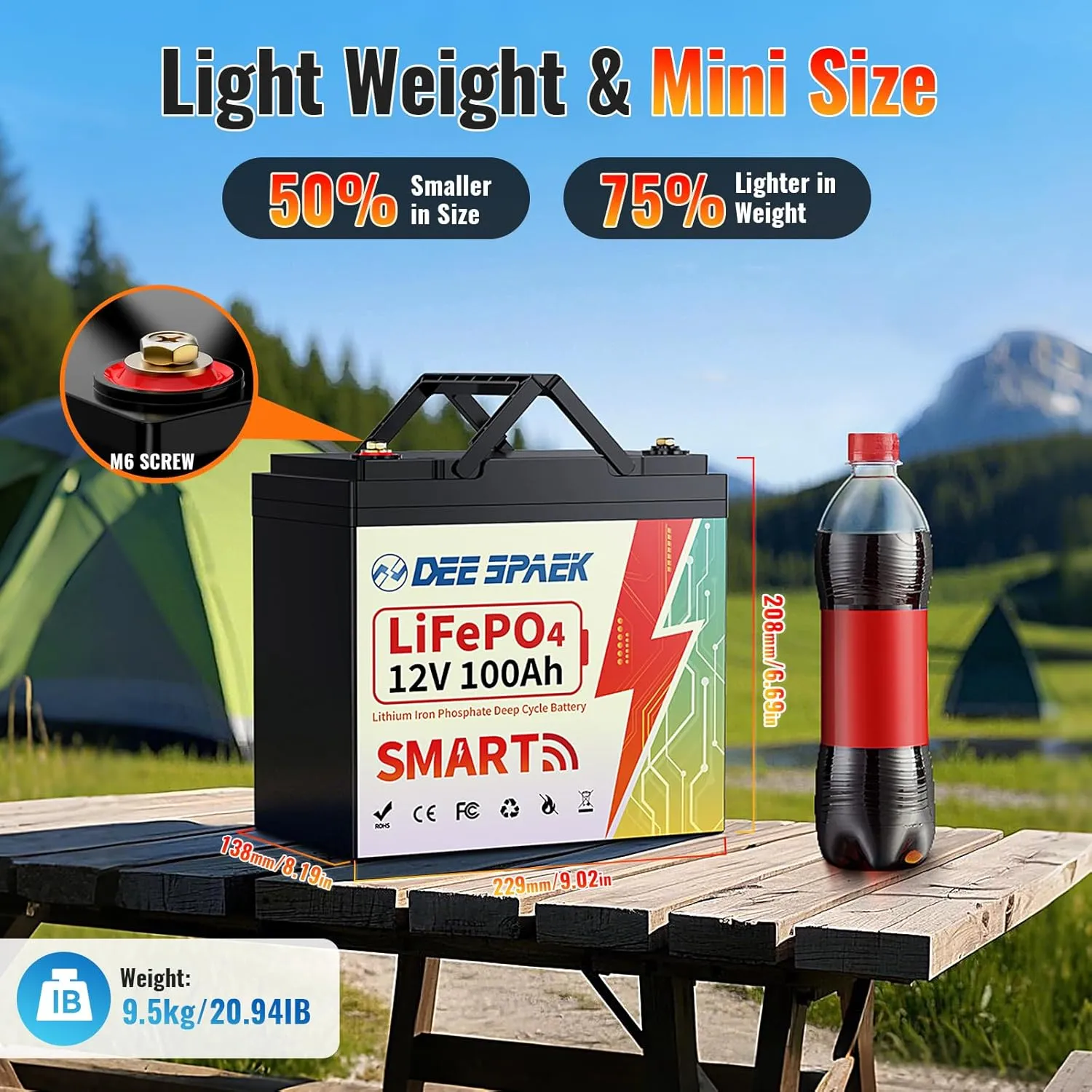 DEESPAEK 12V 100Ah LiFePO4 Lithium Battery with Bluetooth, 12v Mini Lithium Batteries, Smart 100A BMS, 15000 Deep Cycles, Grade A Cell, Perfect for Marine Trolling Motor, RV, Solar, Off-Grid