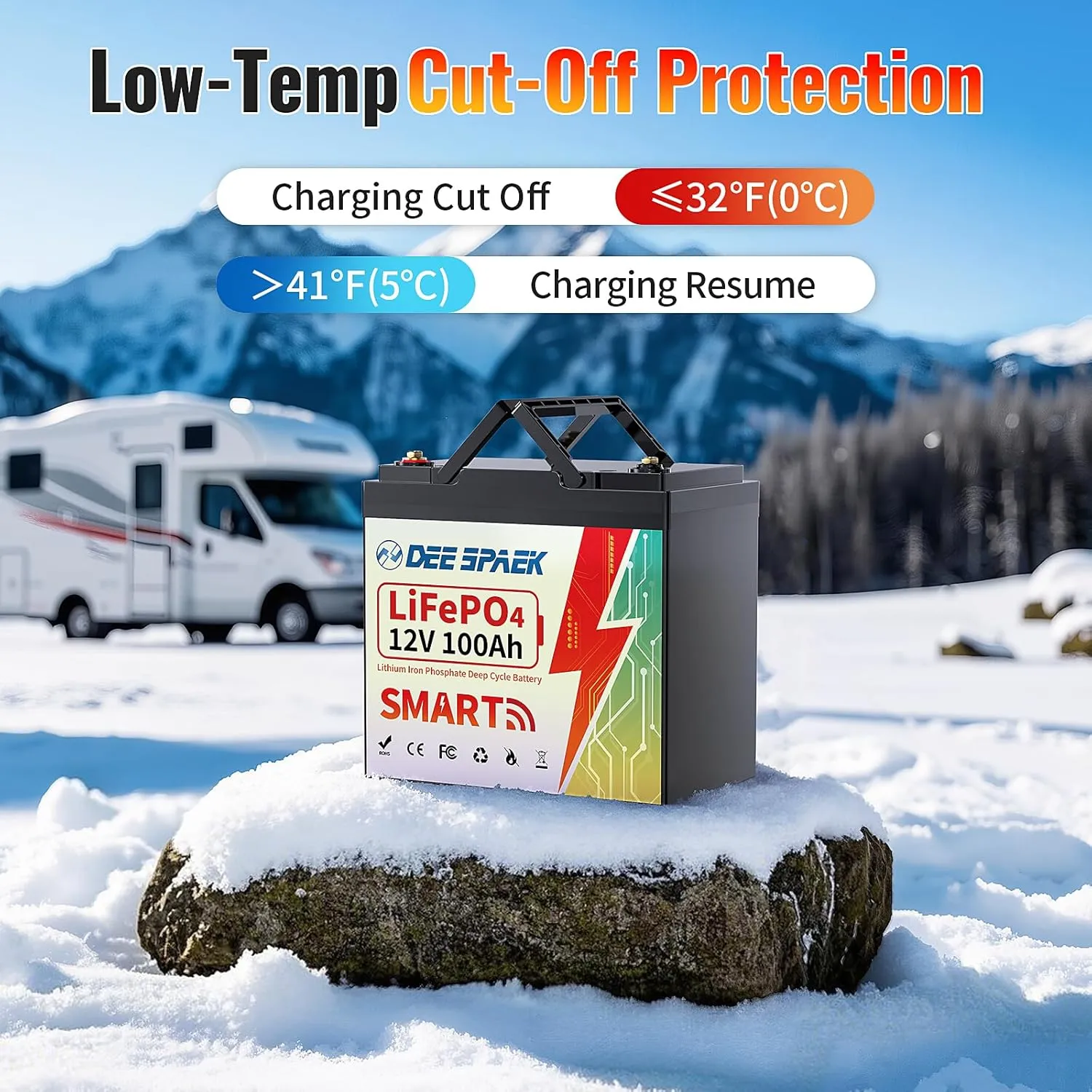 DEESPAEK 12V 100Ah LiFePO4 Lithium Battery with Bluetooth, 12v Mini Lithium Batteries, Smart 100A BMS, 15000 Deep Cycles, Grade A Cell, Perfect for Marine Trolling Motor, RV, Solar, Off-Grid