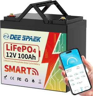 DEESPAEK 12V 100Ah LiFePO4 Lithium Battery with Bluetooth, 12v Mini Lithium Batteries, Smart 100A BMS, 15000 Deep Cycles, Grade A Cell, Perfect for Marine Trolling Motor, RV, Solar, Off-Grid
