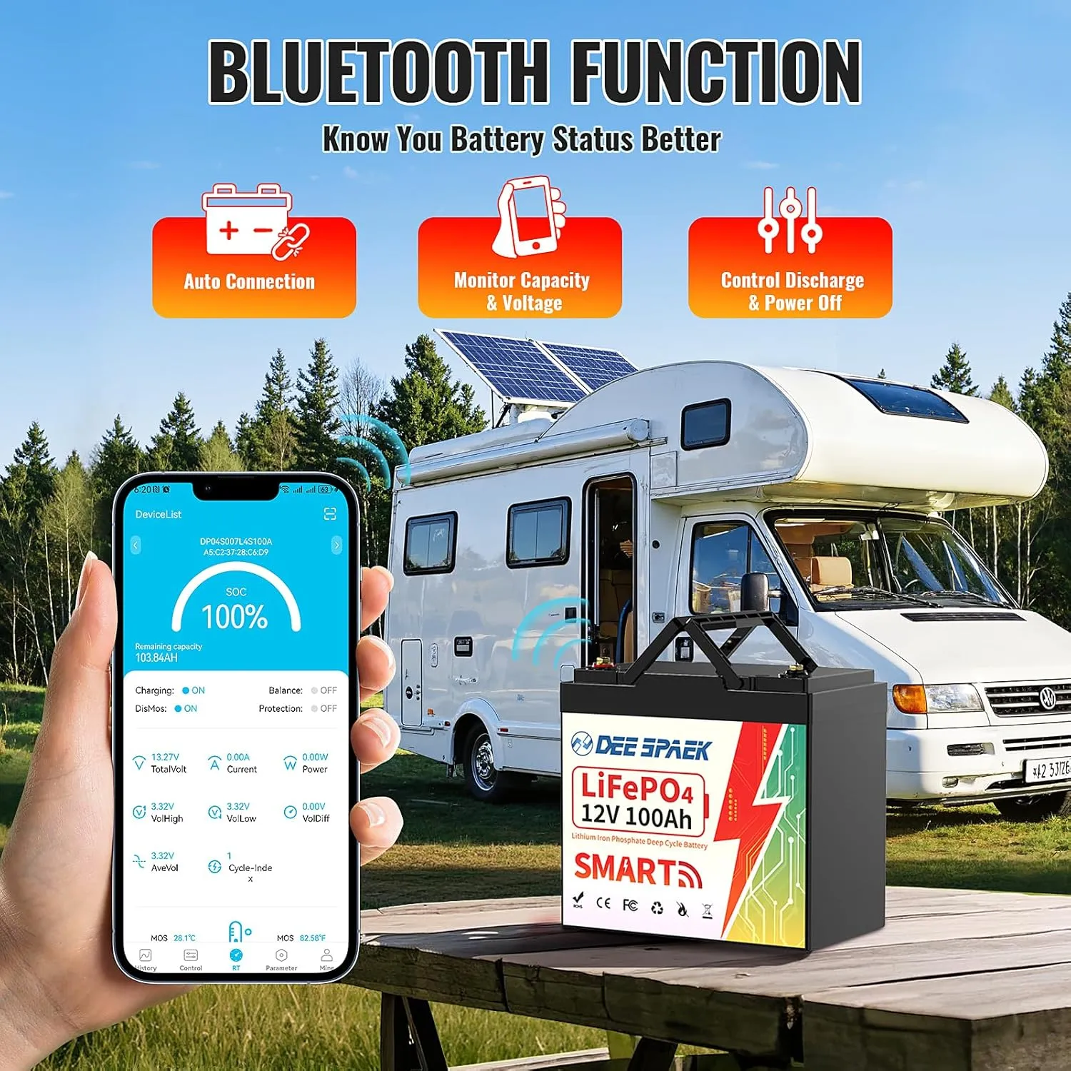 DEESPAEK 12V 100Ah LiFePO4 Lithium Battery with Bluetooth, 12v Mini Lithium Batteries, Smart 100A BMS, 15000 Deep Cycles, Grade A Cell, Perfect for Marine Trolling Motor, RV, Solar, Off-Grid