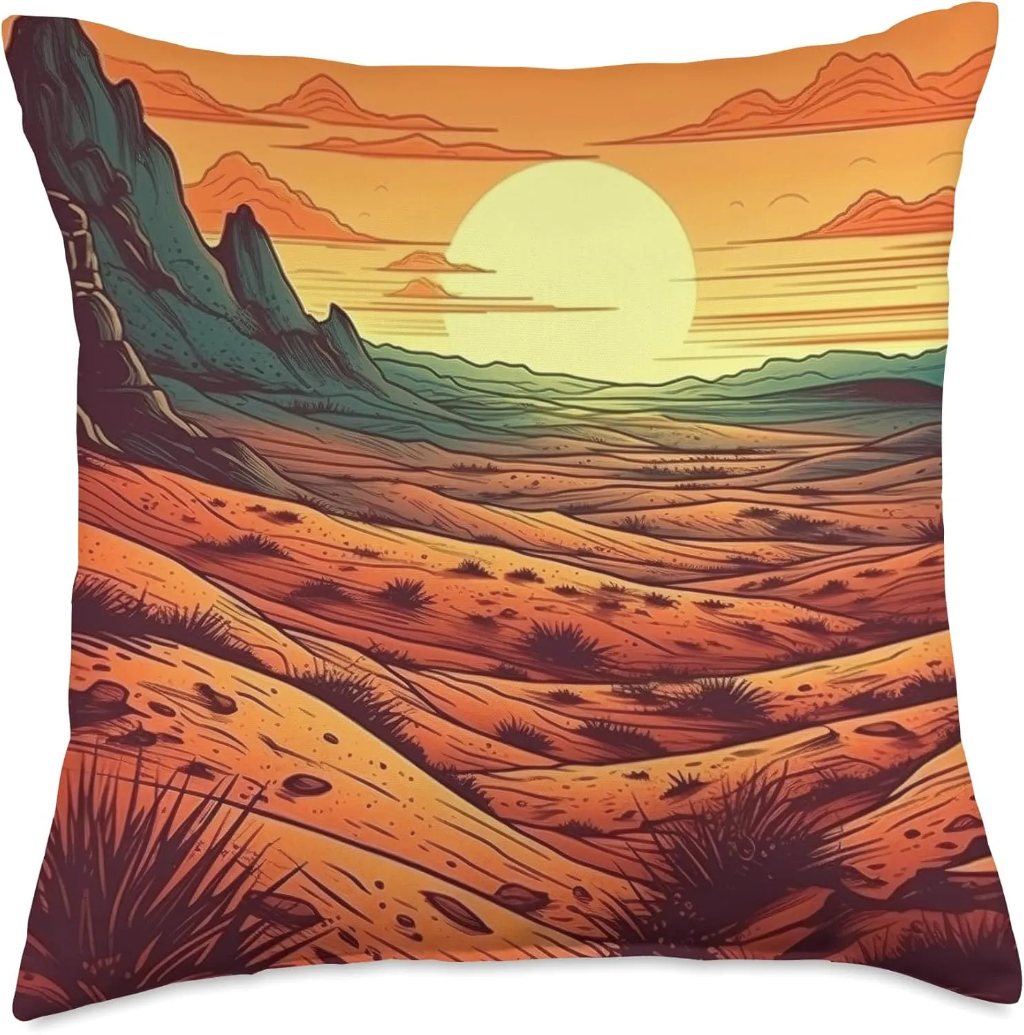 Desert Dunes At Sunset Vintage Landscape Graphic Throw Pillow