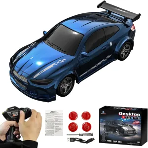 Desktop Drift Car, 1/64 Scale Mini RC Drift Car with LED Lights, Remote Control Vehicle with Electronic Locator, 4WD Mini RC Drift Cars for Race, Children's Gifts and Toys (KF20 Blue)