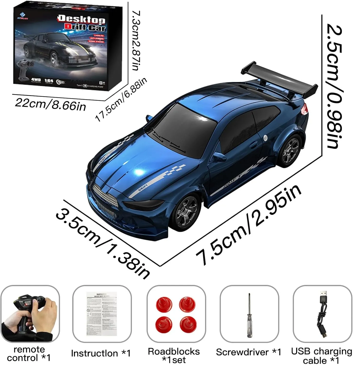 Desktop Drift Car, 1/64 Scale Mini RC Drift Car with LED Lights, Remote Control Vehicle with Electronic Locator, 4WD Mini RC Drift Cars for Race, Children's Gifts and Toys (KF20 Blue)