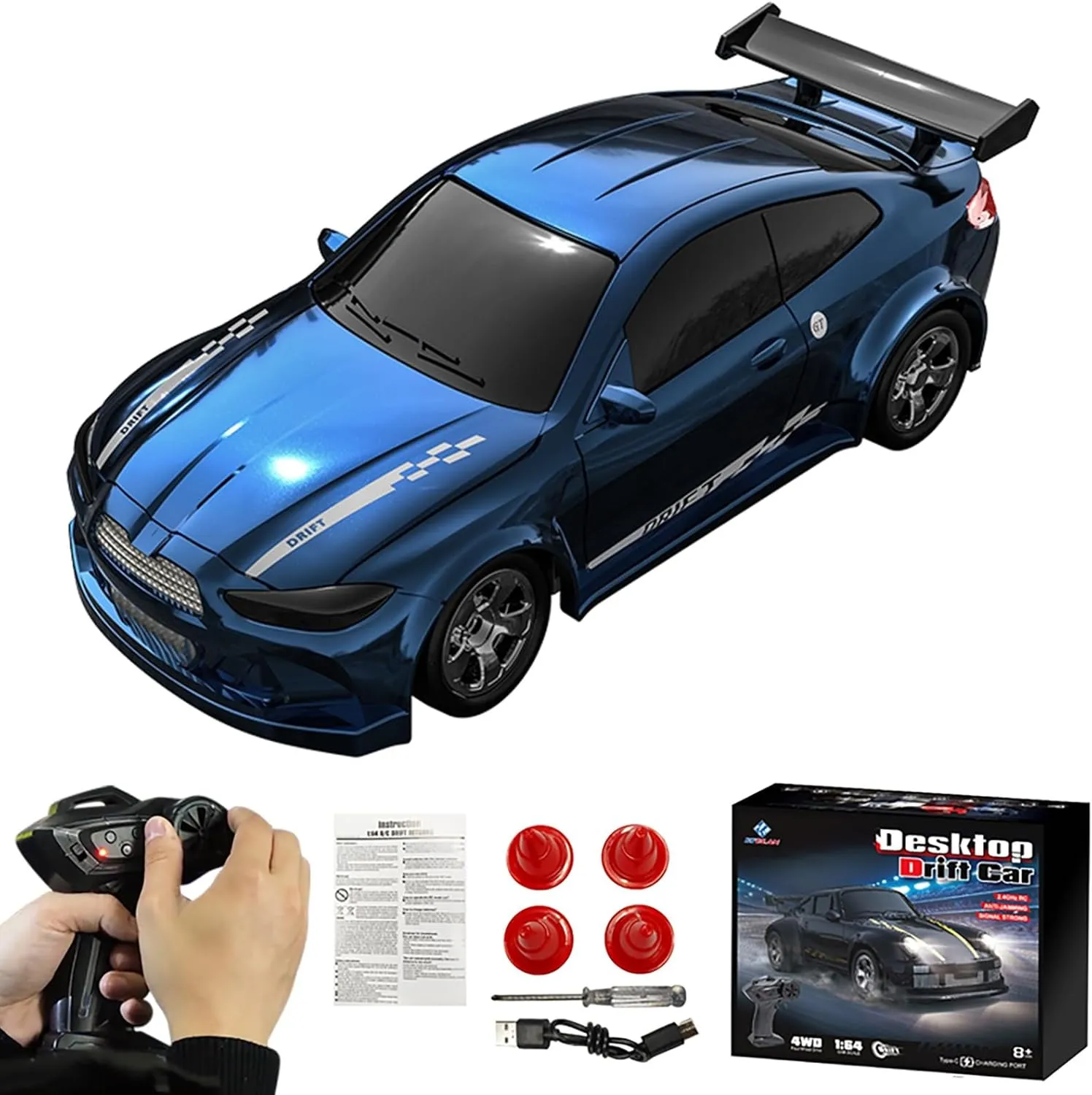 Desktop Drift Car, 1/64 Scale Mini RC Drift Car with LED Lights, Remote Control Vehicle with Electronic Locator, 4WD Mini RC Drift Cars for Race, Children's Gifts and Toys (KF20 Blue)