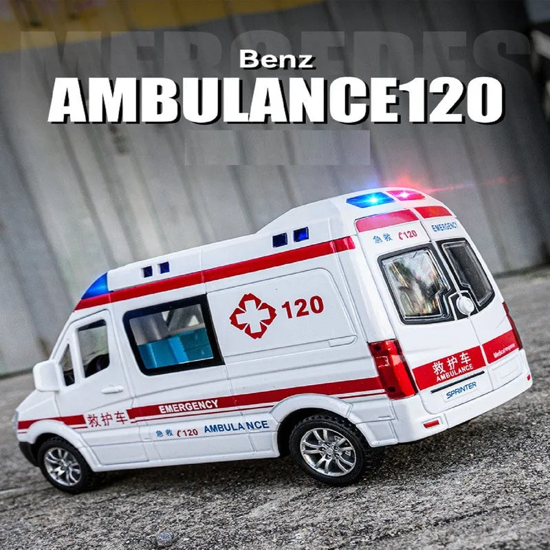 Diecast Resembling Mercedes-Benz Ambulance Pull Back Car with Lights & Sounds | 1:32 Scale Model