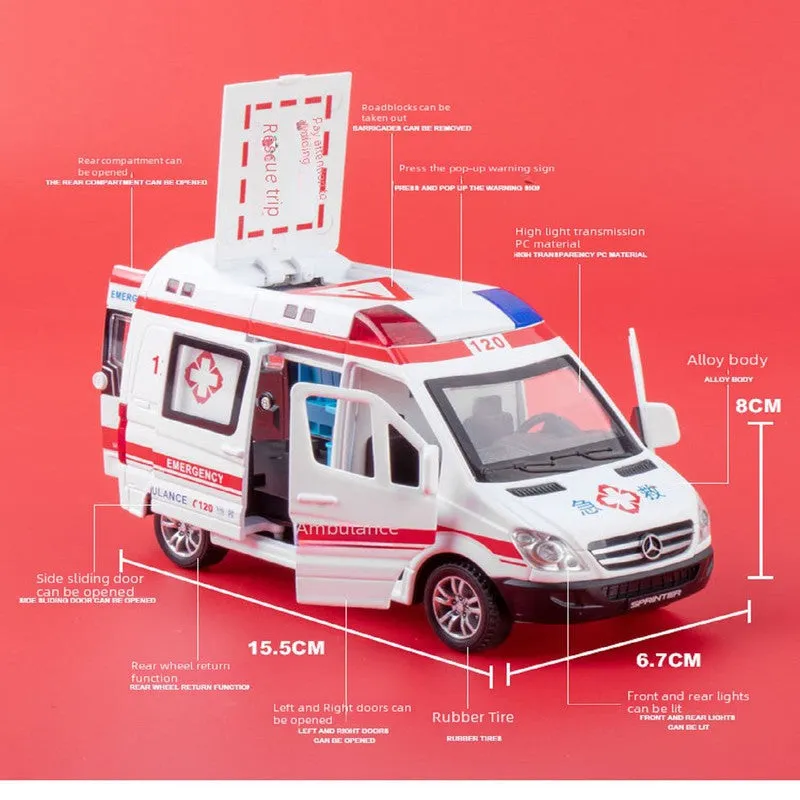 Diecast Resembling Mercedes-Benz Ambulance Pull Back Car with Lights & Sounds | 1:32 Scale Model