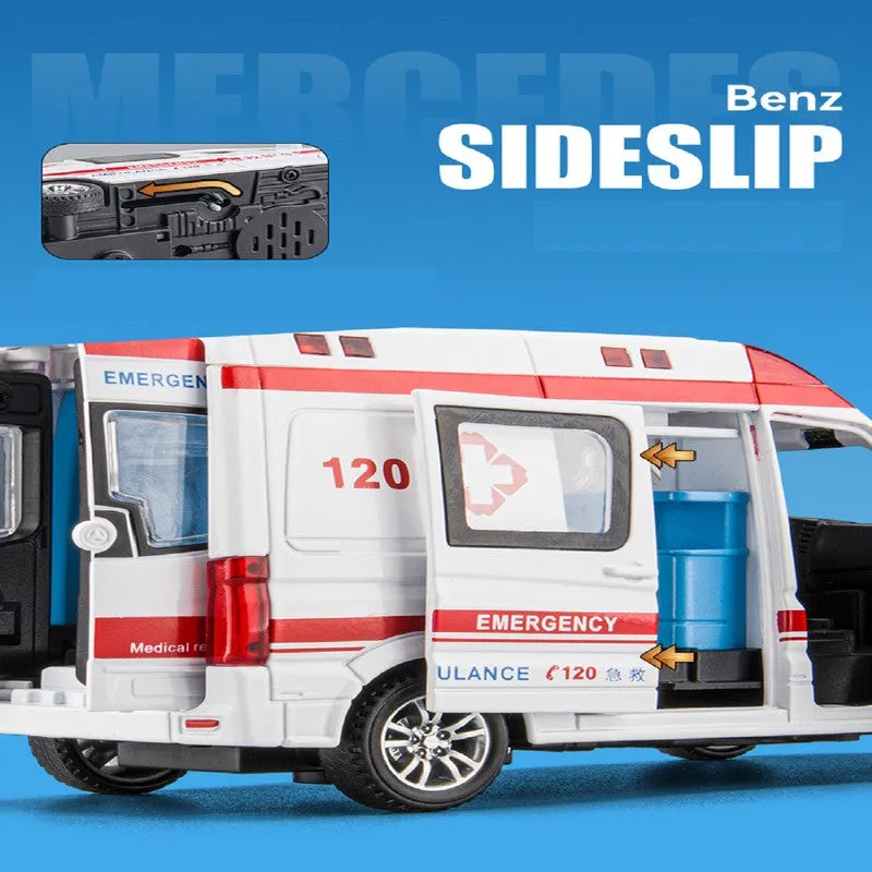 Diecast Resembling Mercedes-Benz Ambulance Pull Back Car with Lights & Sounds | 1:32 Scale Model
