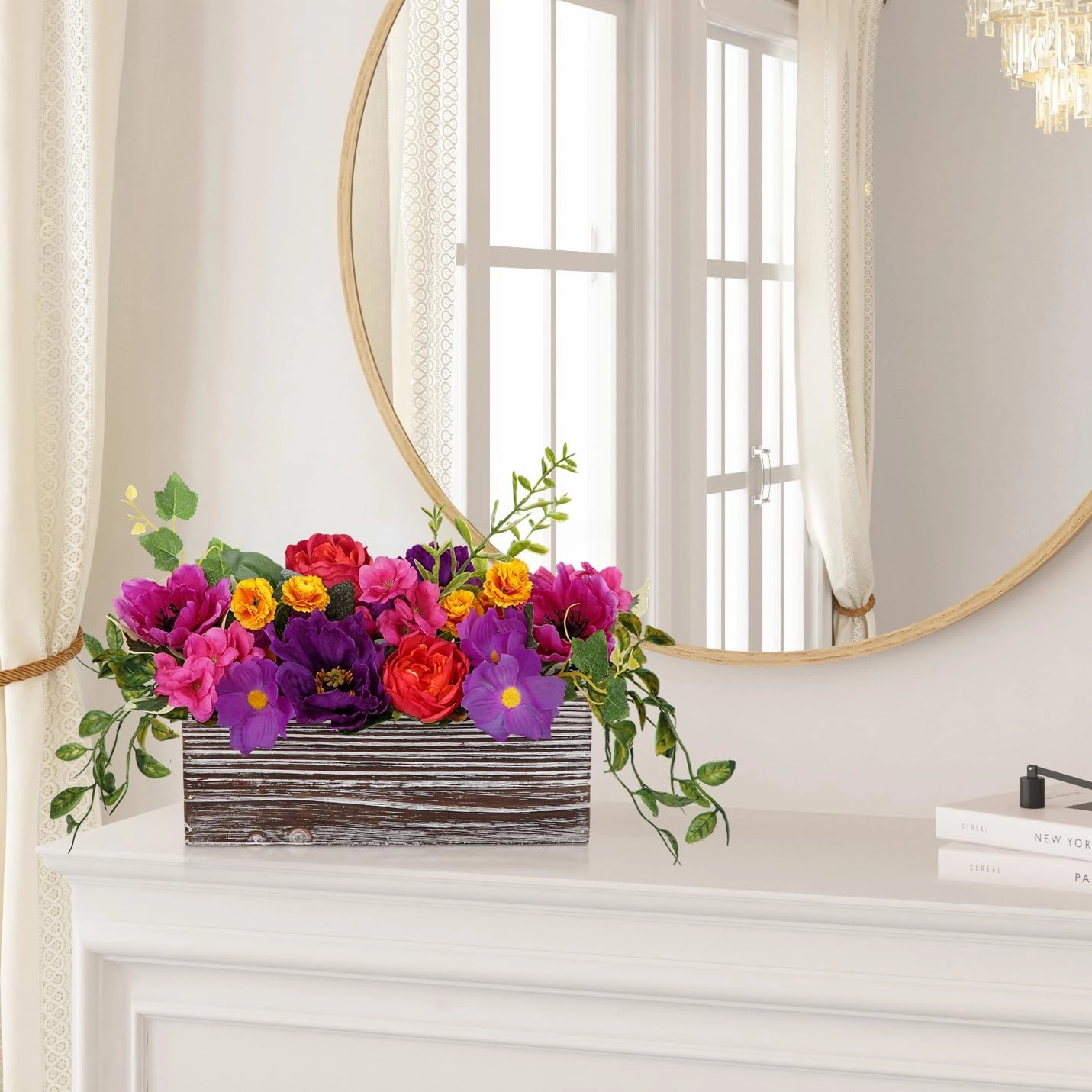DILATATA Flower Arrangement with Wooden Vase 10" Artificial Flowers in Pot - Fake Flowers in White Rectangular Wooden Vase Potted Faux Flower Centerpieces for Table Decor Living Room - Purple