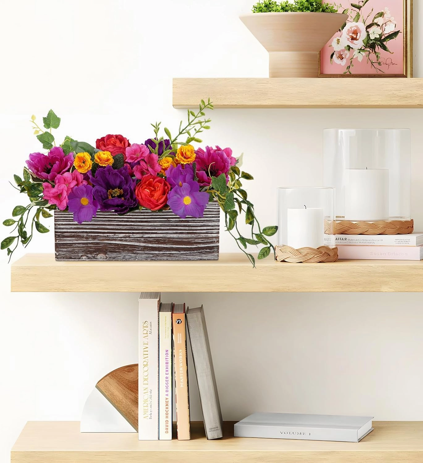 DILATATA Flower Arrangement with Wooden Vase 10" Artificial Flowers in Pot - Fake Flowers in White Rectangular Wooden Vase Potted Faux Flower Centerpieces for Table Decor Living Room - Purple