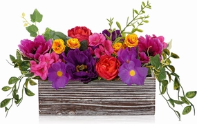 DILATATA Flower Arrangement with Wooden Vase 10" Artificial Flowers in Pot - Fake Flowers in White Rectangular Wooden Vase Potted Faux Flower Centerpieces for Table Decor Living Room - Purple