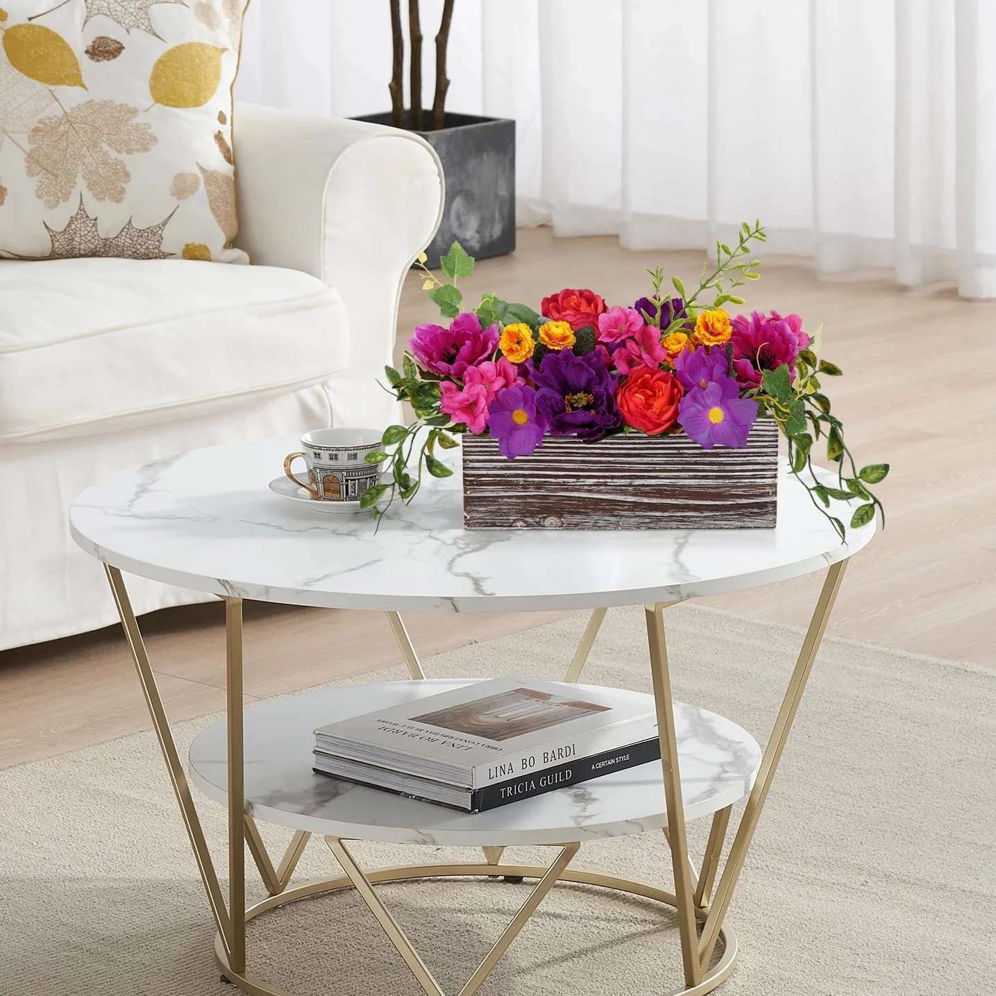 DILATATA Flower Arrangement with Wooden Vase 10" Artificial Flowers in Pot - Fake Flowers in White Rectangular Wooden Vase Potted Faux Flower Centerpieces for Table Decor Living Room - Purple