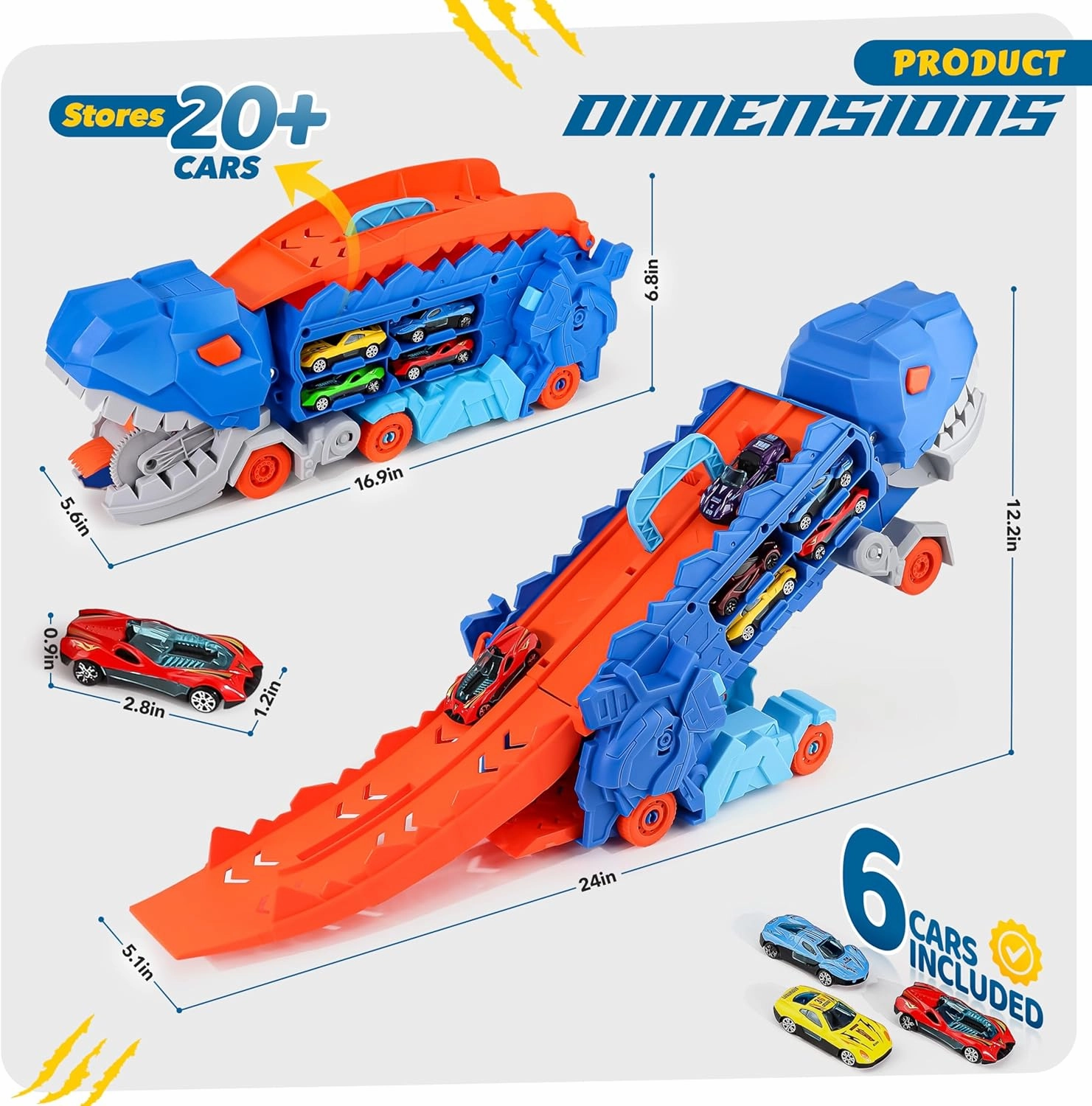 Dinosaur Transport Truck with 6 Racing Cars - Dinosaur Truck with Foldable Sliding Ramp - Dino Birthday Gift Toys for 3 4 5  Year Old Boy - Toddler & Kids.