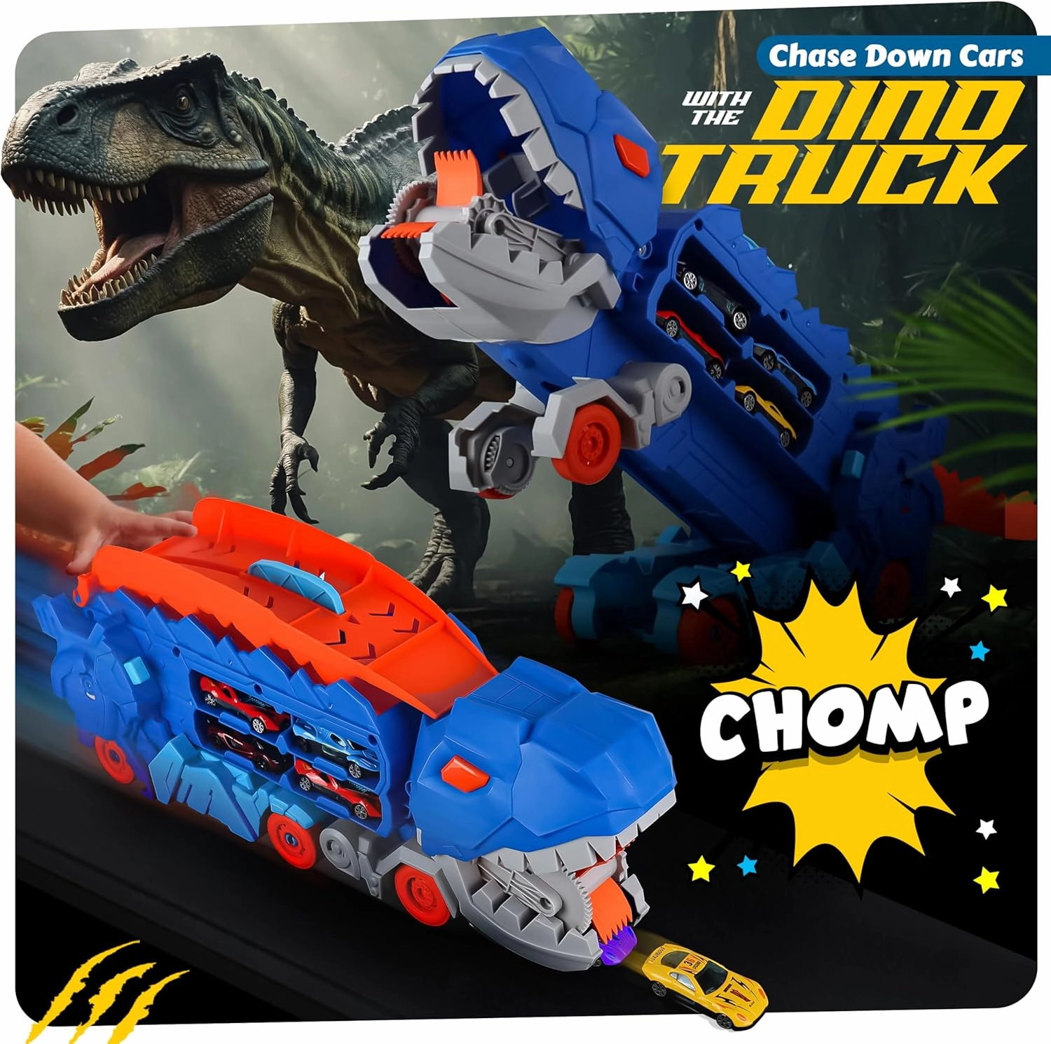 Dinosaur Transport Truck with 6 Racing Cars - Dinosaur Truck with Foldable Sliding Ramp - Dino Birthday Gift Toys for 3 4 5  Year Old Boy - Toddler & Kids.