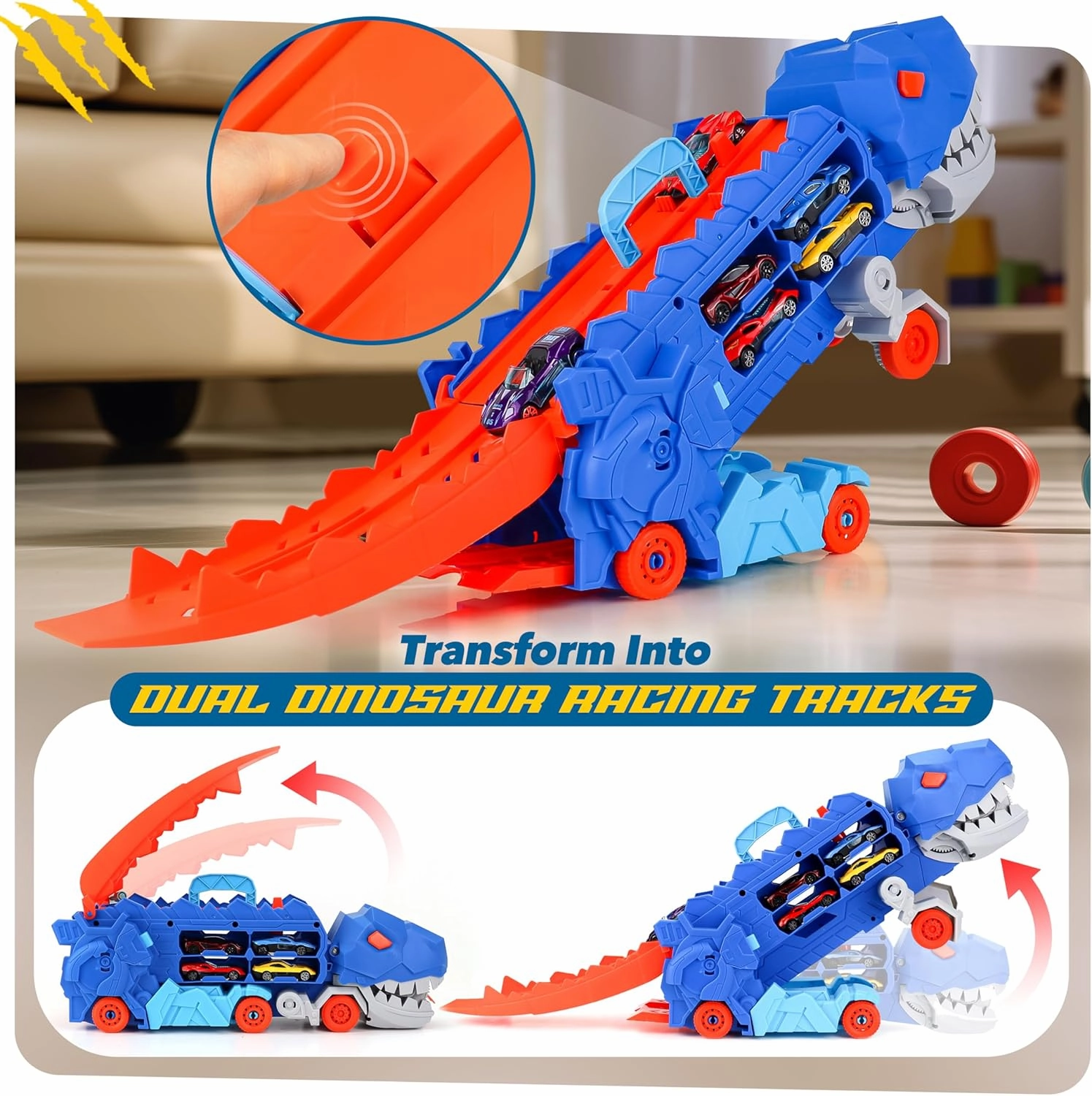 Dinosaur Transport Truck with 6 Racing Cars - Dinosaur Truck with Foldable Sliding Ramp - Dino Birthday Gift Toys for 3 4 5  Year Old Boy - Toddler & Kids.