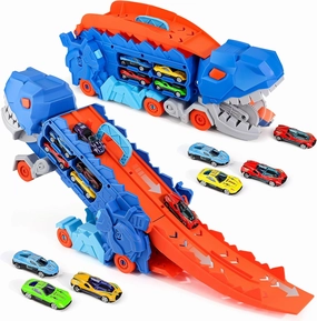 Dinosaur Transport Truck with 6 Racing Cars - Dinosaur Truck with Foldable Sliding Ramp - Dino Birthday Gift Toys for 3 4 5  Year Old Boy - Toddler & Kids.