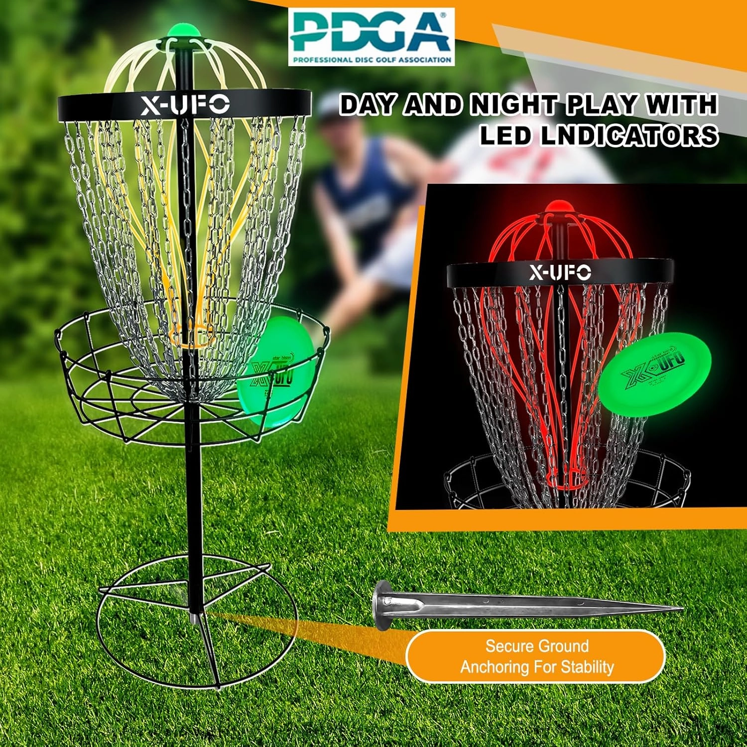 Disc Golf Basket with 24 Chains and 12 Lighting Strips Portable Disc Golf Frame PDGA Certified Golf Basket with Weighted Discs, Sturdy Shafts and Bases, Heavy Duty 24 Chains, 12 Night Lighting Strips