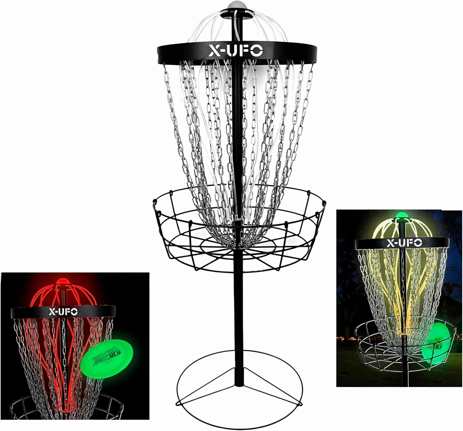 Disc Golf Basket with 24 Chains and 12 Lighting Strips Portable Disc Golf Frame PDGA Certified Golf Basket with Weighted Discs, Sturdy Shafts and Bases, Heavy Duty 24 Chains, 12 Night Lighting Strips