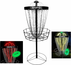 Disc Golf Basket with 24 Chains and 12 Lighting Strips Portable Disc Golf Frame PDGA Certified Golf Basket with Weighted Discs, Sturdy Shafts and Bases, Heavy Duty 24 Chains, 12 Night Lighting Strips
