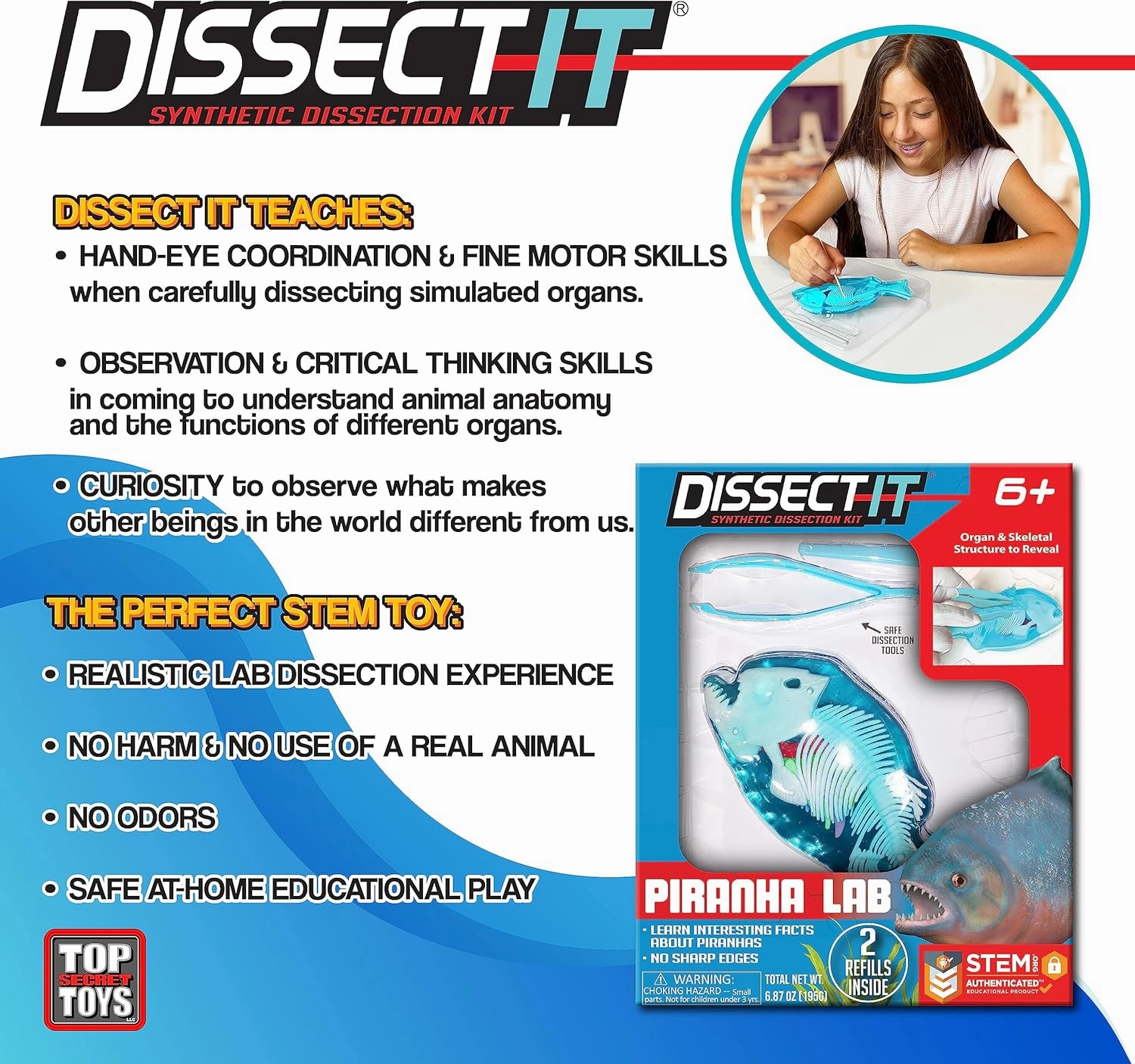 Dissect-It Simulated Synthetic Lab Dissection Toy, STEM Projects for Kids Ages 6 , Animal Science, Biology, Anatomy Home Learning Kit, Great for Young Scientists! - Piranha