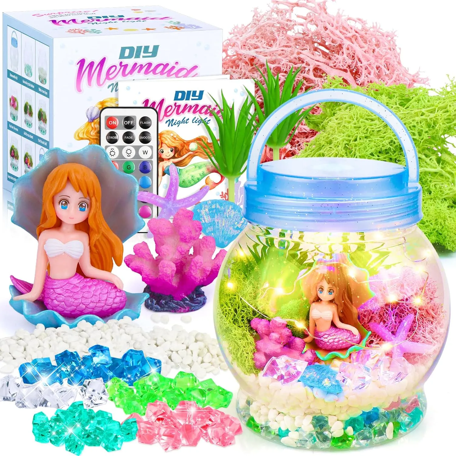 DIY Light-Up Mermaid Terrarium Kit for Kids, 3 Light Modes Mermaid Toys & Activities Kits Presents, Arts & Crafts Mermaid Gifts for Girls Age 4 5 6 7 8-12 Years Old, Birthday Gift, Bedroom Decor